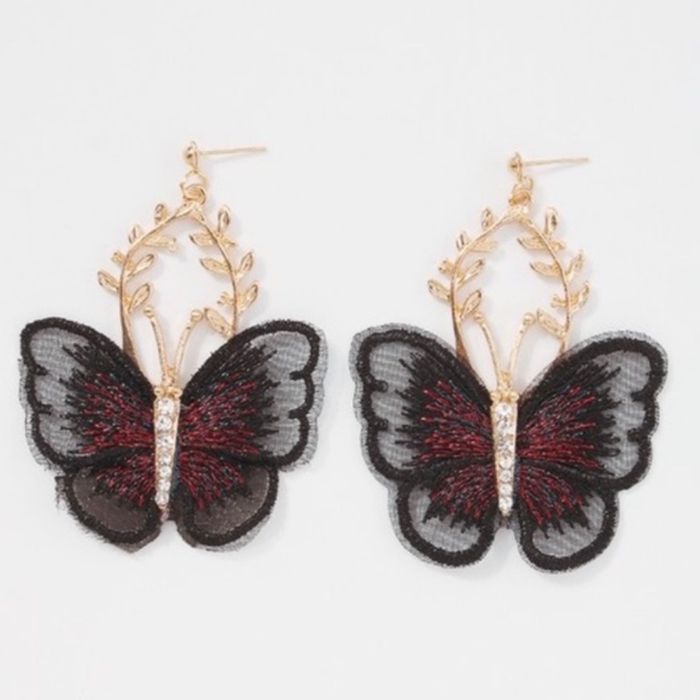 Black lace butterfly rhinestone earrings